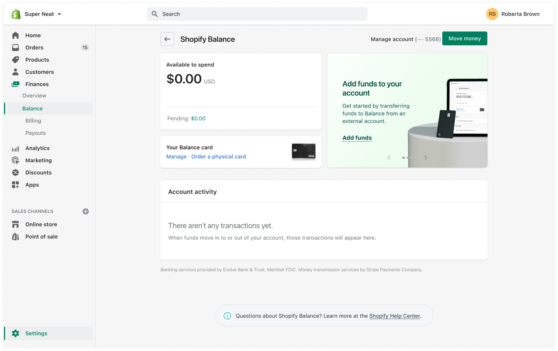 Shopify balance screen