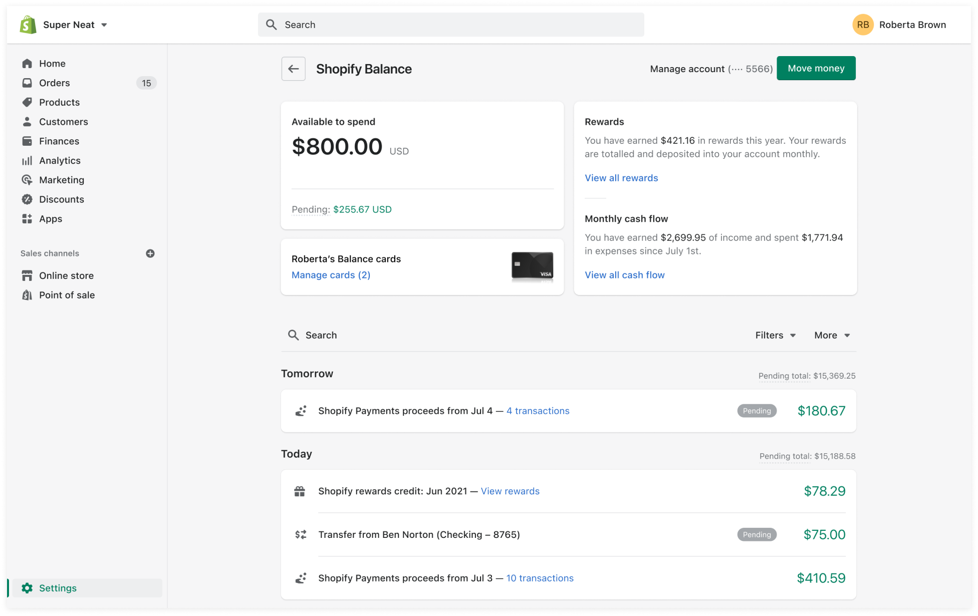Shopify balance screen